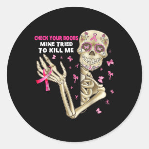 Sticker Rond Vérifiez Votre S Fun Skeleton Hand Hand Cancer du 