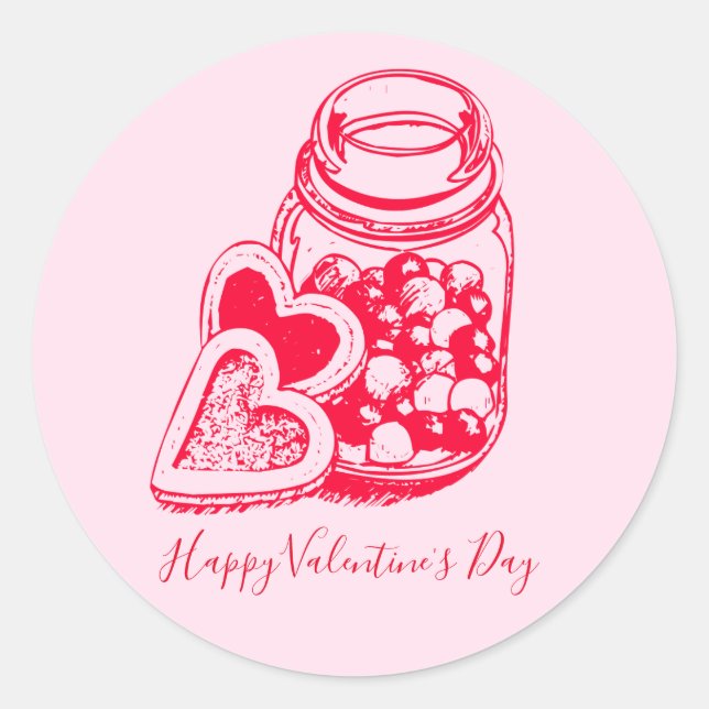 Sticker Rond Verre Jar De Valentines Bonbons Et Coeurs Cookies (Devant)