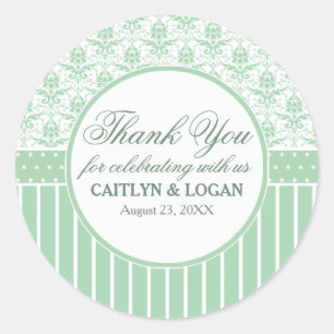 Sticker Rond Vert blanc Damas et rayures Mariage Faveur Sceau