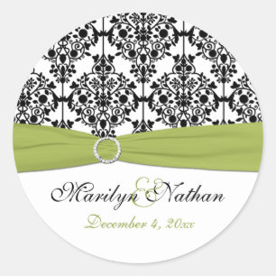 Sticker rond vert, blanc et noir Damask 1,5 pouces