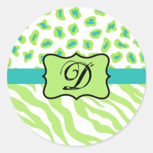 Sticker Rond Vert blanc Turquoise Leopard Zebra Peau Monogramme