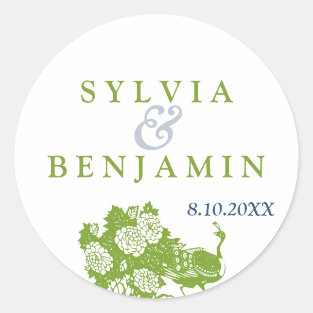 Sticker Rond Vert bleu paon jardin chic mariage faveur phoque (Devant)