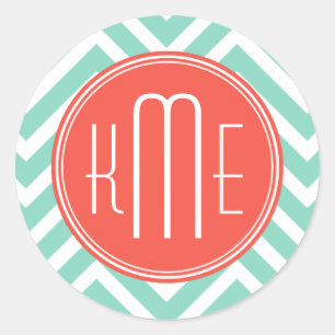 Sticker Rond Vert chic Chevron d'Aqua et monogramme fait sur