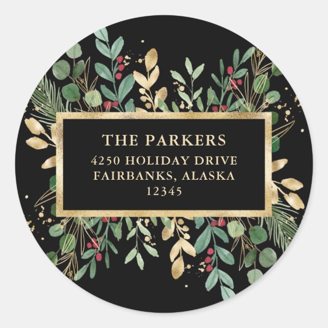 Sticker Rond Vert doré Noir | Adresse de retour de Noël (Devant)