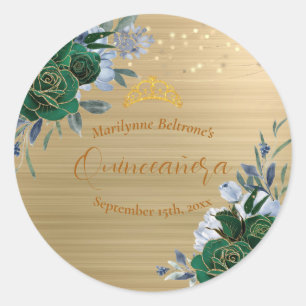 Sticker Rond Vert Émeraude Or Fleur Quinceañera
