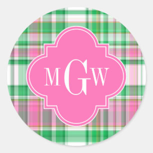 Sticker Rond Vert émeraude rose chaud blanc Madras prépa Monogr