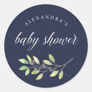 Sticker Rond Vert feuilles   Aquarelle Baby shower bleu foncé