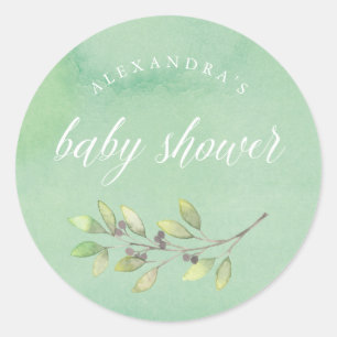 Sticker Rond Vert feuilles Baby shower aquarelle