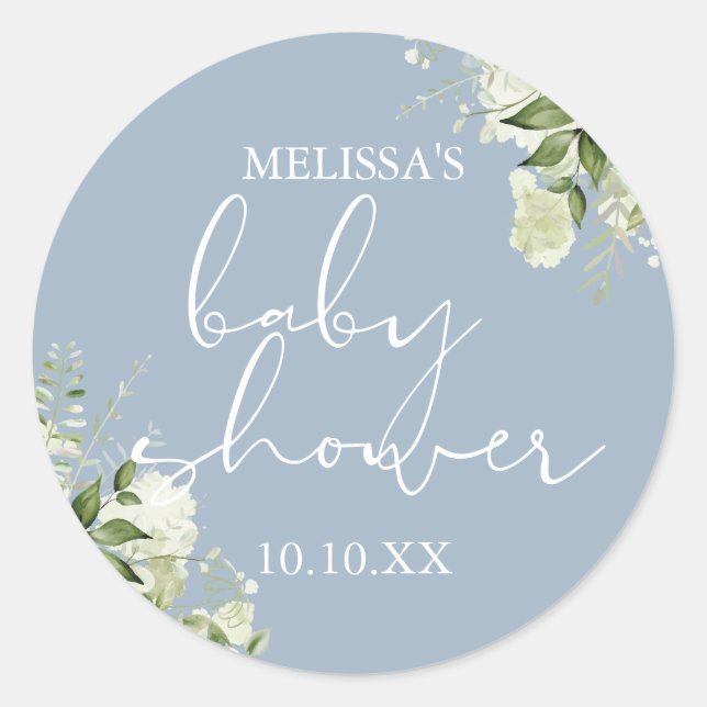 Sticker Rond Vert Floral Dusty Blue Boy Baby shower Favoriser (Devant)