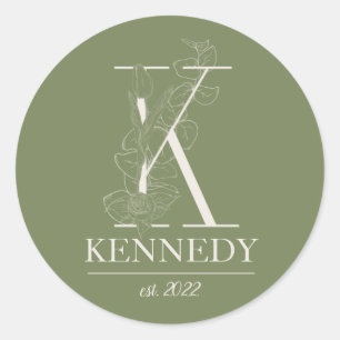 Sticker Rond Vert Floral Vintage Monogramme initial K