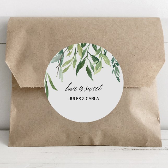 Sticker Rond Vert moderne Foliage Love is Sweet Mariage (Créateur téléchargé)