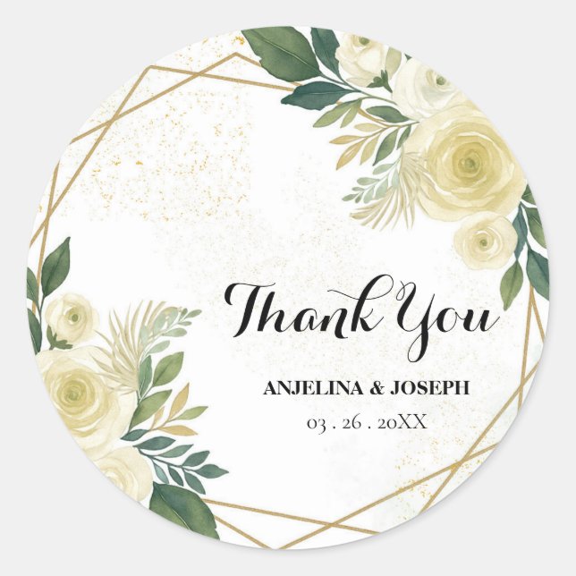 Sticker Rond Vert moderne Or Floral Mariage Favor Merci (Devant)