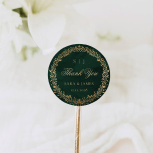 Sticker Rond Vert Or Émeraude Botanique Mariage Merci