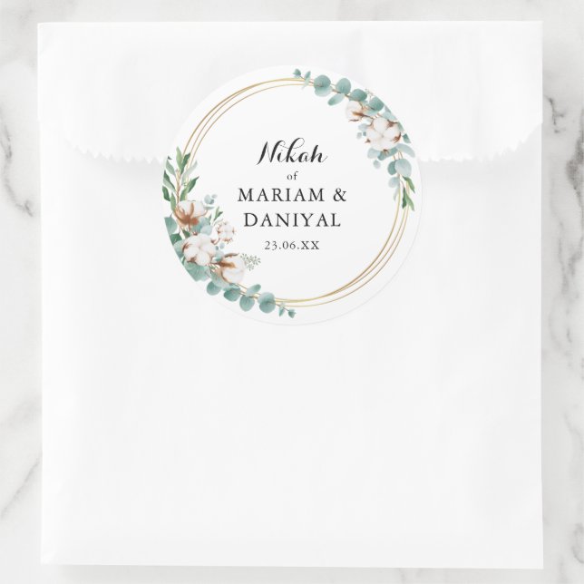 Sticker Rond Vert Or Floral Musulman Nikah Mariage Grand (Sac)
