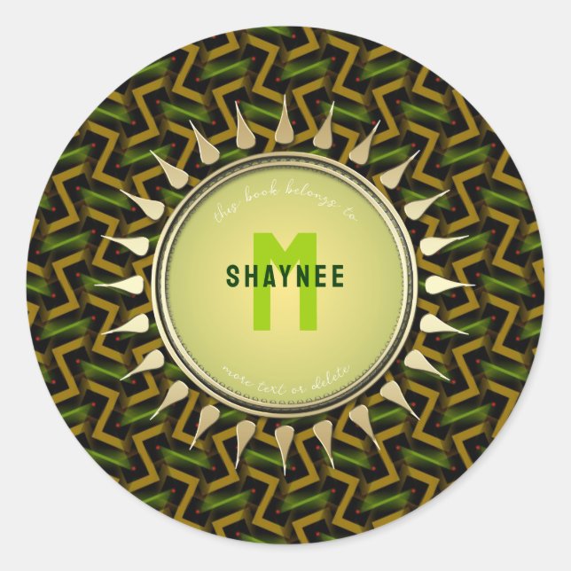 Sticker Rond Vert + Or Moderne Tribal Sun Monogram Plaque d'acc (Devant)