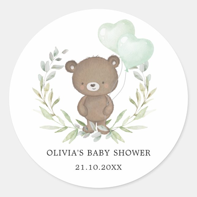 Sticker Rond Vert Ours Teddy Simple Baby shower Élégant (Devant)
