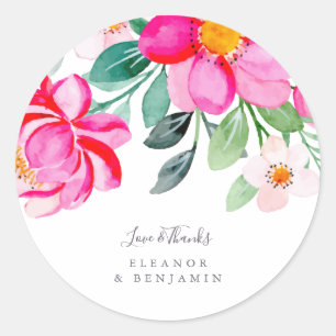 Sticker Rond Vert rose vif Floral Personnalisé Merci de mariage