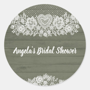 Sticker Rond Vert Sauge Bois Rustique Dentelle Fermette Grange