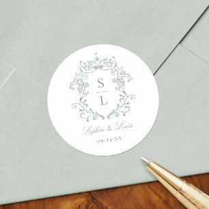 Sticker Rond Vert sauge Élégant Blason Baroque Mariage Monogram