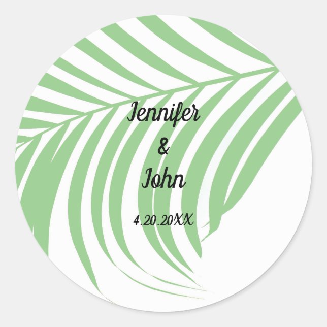 Sticker Rond Vert sauge Feuille de palmier tropicale Mariage mi (Devant)