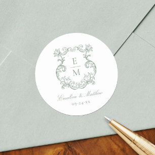 Sticker Rond Vert sauge Mariage Blason Monogramme Baroque Vinta