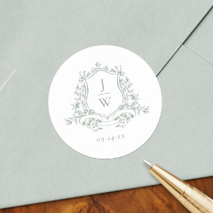 Sticker Rond Vert sauge Monogramme Crête Florale Élégant Mariag