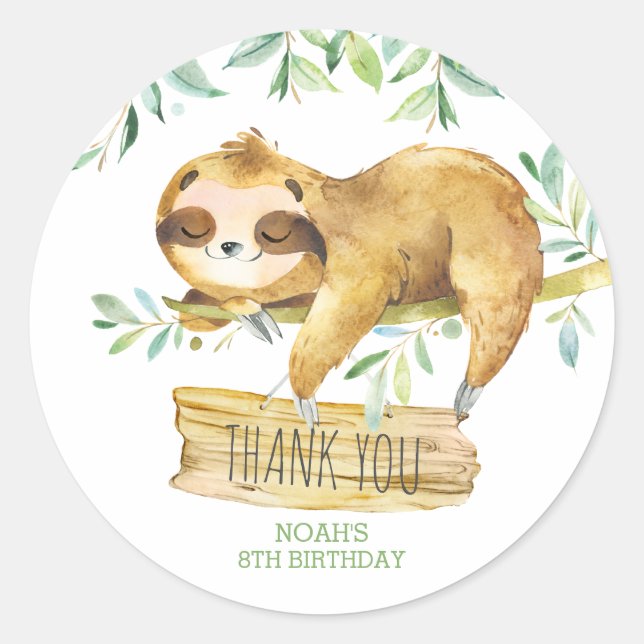 Sticker Rond Vert Sloth Anniversaire Baby shower Merci Favorise (Devant)