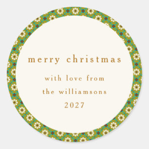 Sticker Rond Vert Vintage Bohème Floral Joyeux Noël Personnalis