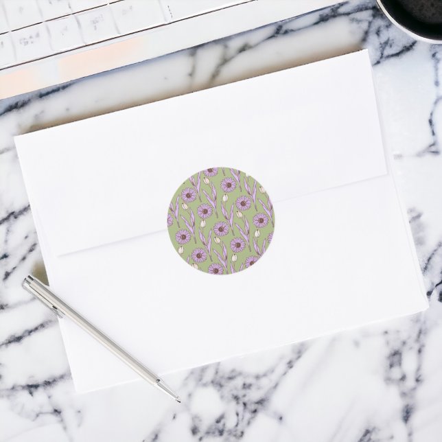 Sticker Rond Vert violet rétro Y2K Funky Hippie Flower Motif (Zazzle Green Purple Retro Y2K Funky Hippie Flower Pattern Sticker)