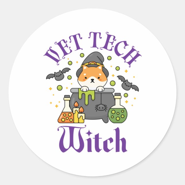 Sticker Rond Vet Tech Witch Technicien vétérinaire Halloween (Devant)