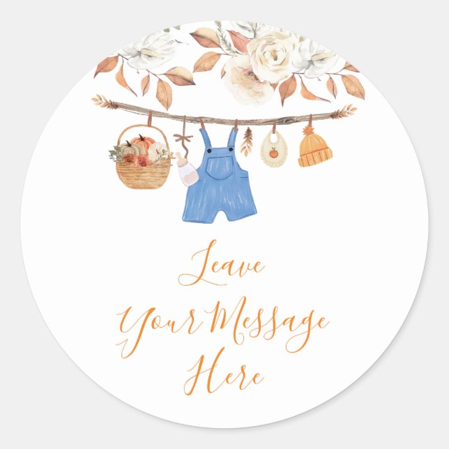 Sticker Rond Vêtements de garçon Citrouille Baby shower Aimez v (Devant)