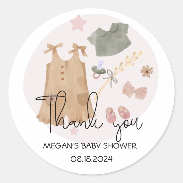 Sticker Rond Vêtements simples mignons Merci Baby shower rose (Devant)