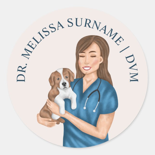 Sticker Rond Vétérinaire Animal Doctor Vet Femme Avec Chiot (Devant)