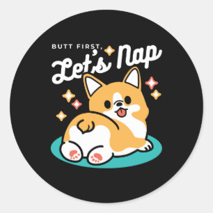 Sticker Rond Vibes Corgi Butt et Nap - Joli chien couché