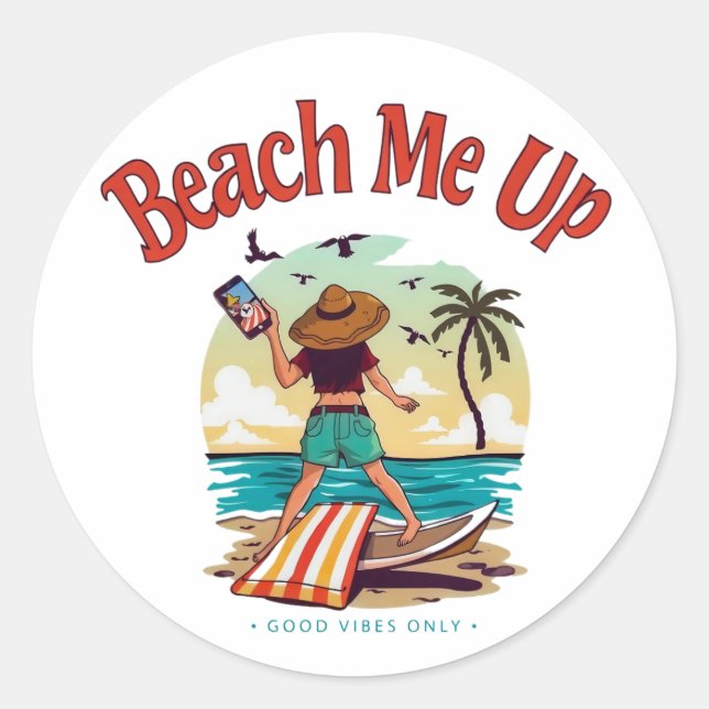 Sticker Rond Vibes de plage : Été Selfie Aventure (Devant)