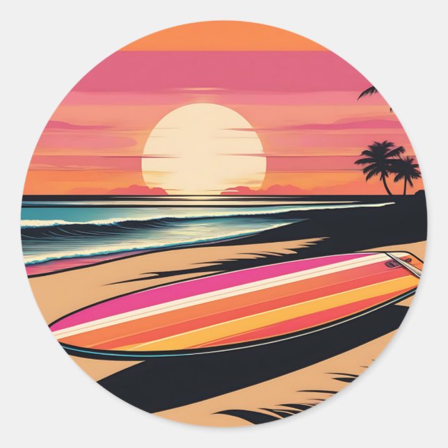 Sticker Rond Vibes de surf Rétro Sunset Serenity (Devant)