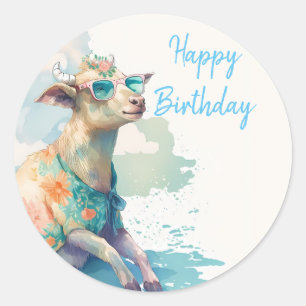 Sticker Rond Vibes d'été Aquarelle chèvre - Joyeux anniversaire