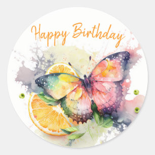 Sticker Rond Vibes d'été Aquarelle papillon - Joyeux anniversai