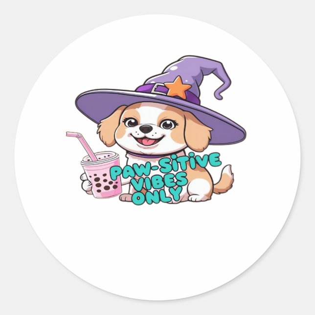 Sticker Rond Vibes Paw seulement - Chien mignon avec thé à bull (Devant)