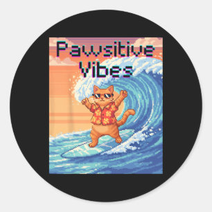 Sticker Rond Vibes Positives Chat Surfant - Vague d'Art Pixel