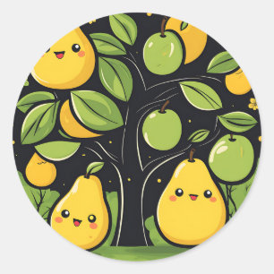 Sticker Rond Vibrant Cute Fruit Poire Et Arbre