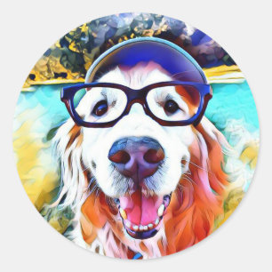 Sticker Rond Vibrant Golden Retriever Nerd lunettes Peinture