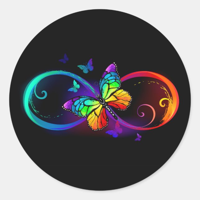 Sticker Rond Vibrant infinity with rainbow butterfly on black (Devant)
