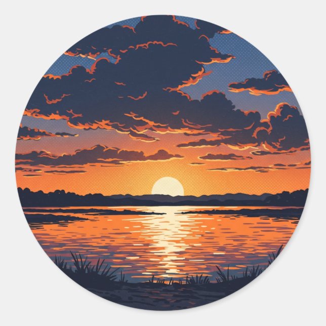 Sticker Rond Vibrant Orange Lake Sunset View (Devant)