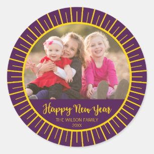 Sticker Rond Vibrant Purple Starburst Bonne année photo