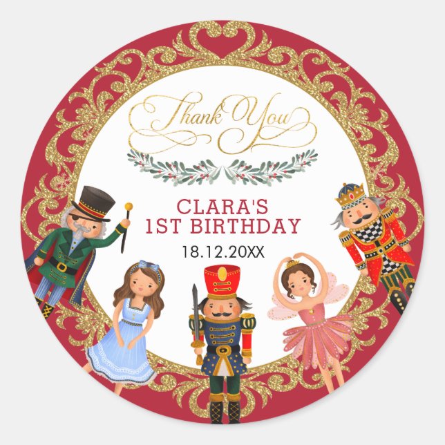 Sticker Rond Vibrant Red Gold Nutcracker Fête Anniversaire Favo (Devant)