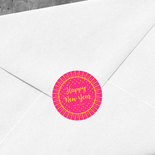 Sticker Rond Vibrant rose Starburst Script Bonne année