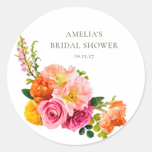 Sticker Rond Vibrants Pavots Roses Floral Fête de Mariage