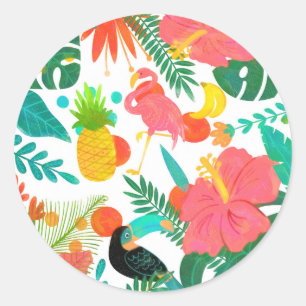 Sticker Rond Vibrations Tropicales Feuilles Florales Fête Luau 