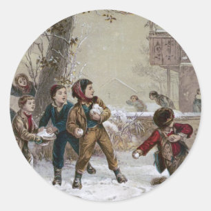 Sticker Rond Victorian Christmas Snowball Combat